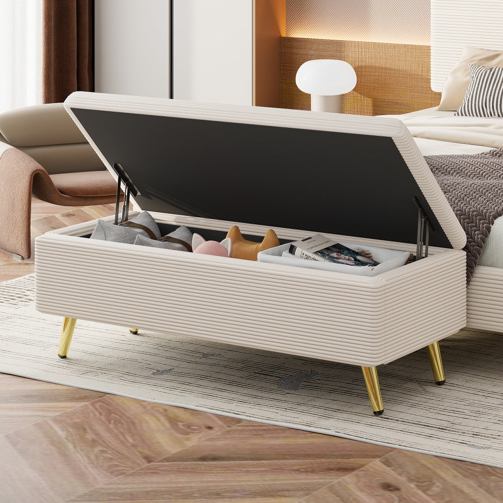 4 Pieces Bedroom Sets Queen Size Upholstered Bed Frame with Modern Corduroy Storage Ottoman and Nightstands,Beige