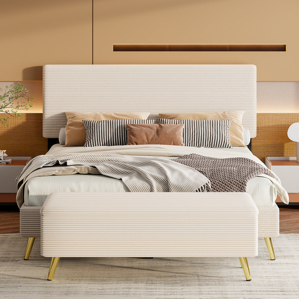 4 Pieces Bedroom Sets Queen Size Upholstered Bed Frame with Modern Corduroy Storage Ottoman and Nightstands,Beige