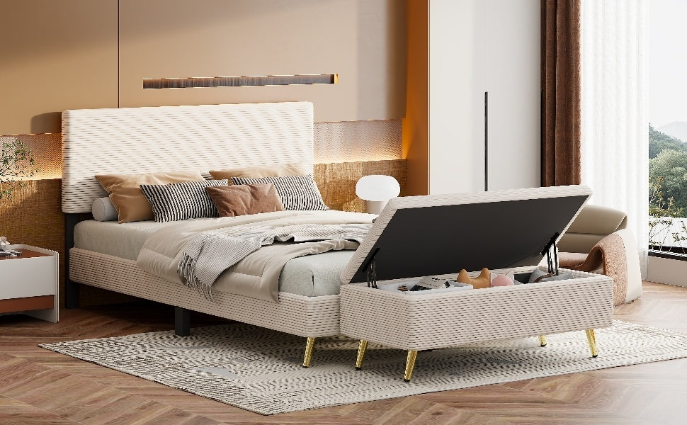 4 Pieces Bedroom Sets Queen Size Upholstered Bed Frame with Modern Corduroy Storage Ottoman and Nightstands,Beige