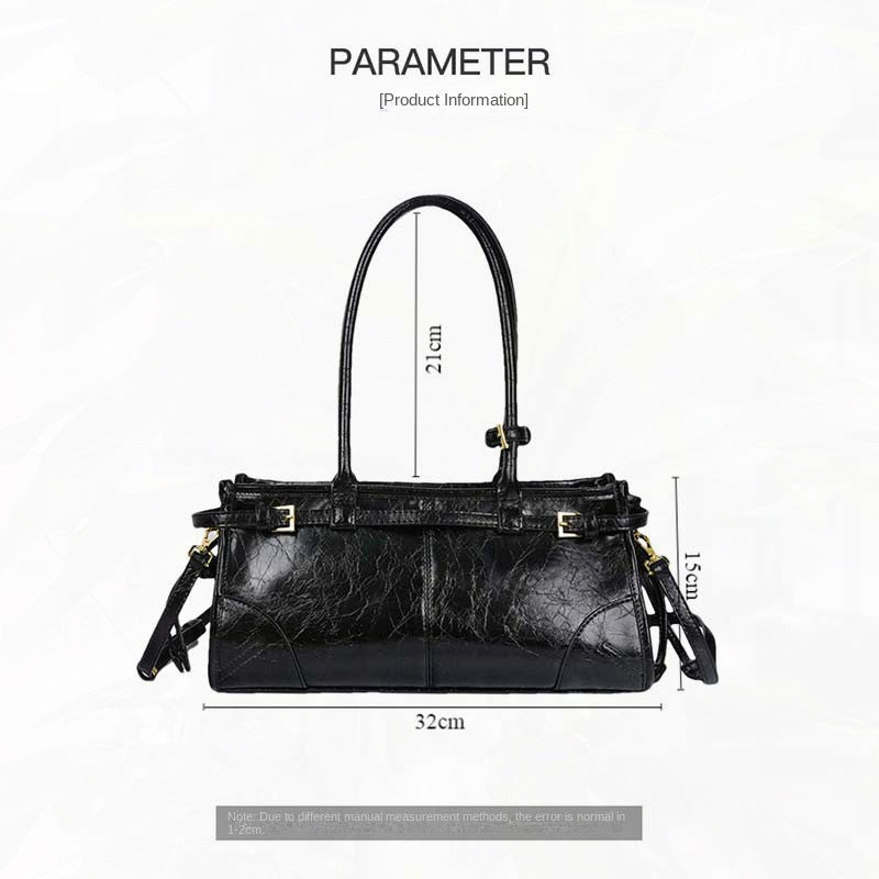 New Soft Lux Boston Baguette Bag Retro Motorcycle Wind Head Layer Oil Wax Leather Women's Bag Crossbody Shoulder Bag