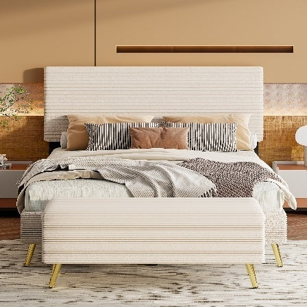 4 Pieces Bedroom Sets Queen Size Upholstered Bed Frame with Modern Corduroy Storage Ottoman and Nightstands,Beige