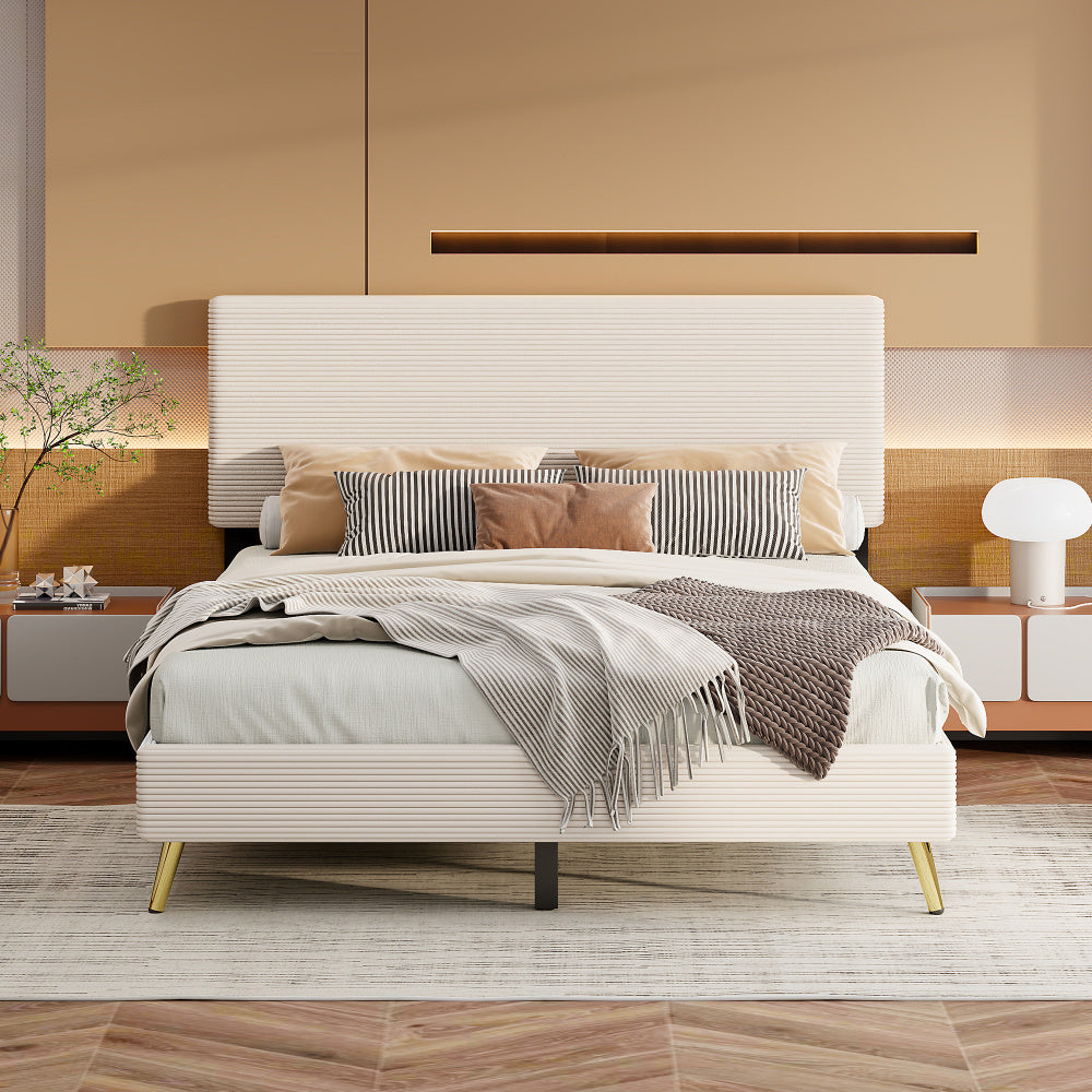4 Pieces Bedroom Sets Queen Size Upholstered Bed Frame with Modern Corduroy Storage Ottoman and Nightstands,Beige