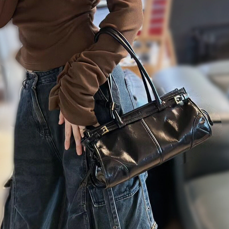 New Soft Lux Boston Baguette Bag Retro Motorcycle Wind Head Layer Oil Wax Leather Women's Bag Crossbody Shoulder Bag