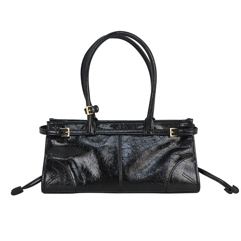 New Soft Lux Boston Baguette Bag Retro Motorcycle Wind Head Layer Oil Wax Leather Women's Bag Crossbody Shoulder Bag
