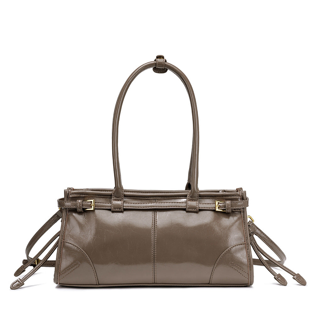 New Soft Lux Boston Baguette Bag Retro Motorcycle Wind Head Layer Oil Wax Leather Women's Bag Crossbody Shoulder Bag