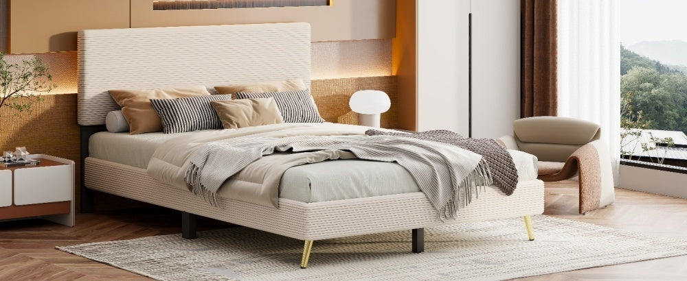 4 Pieces Bedroom Sets Queen Size Upholstered Bed Frame with Modern Corduroy Storage Ottoman and Nightstands,Beige
