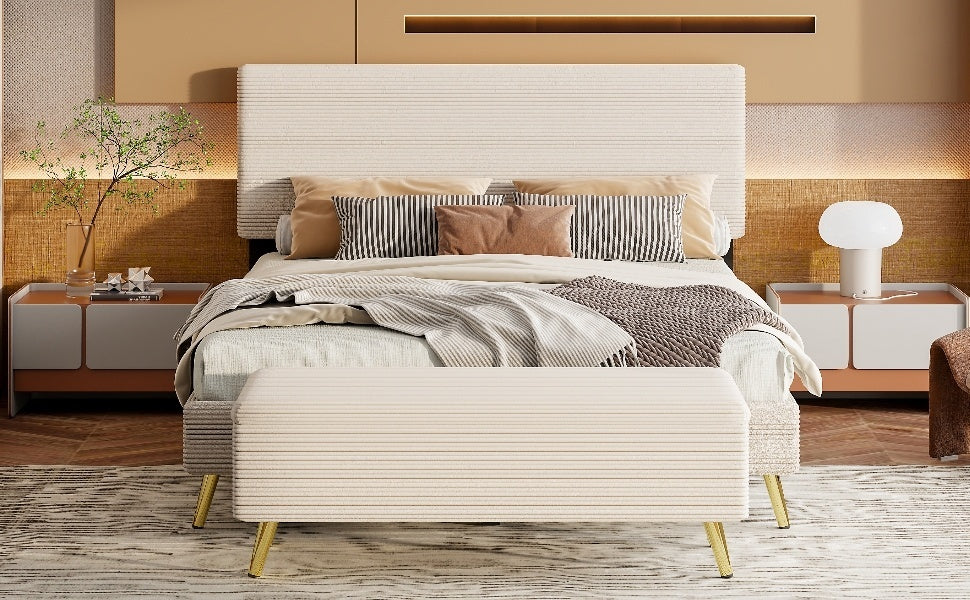 4 Pieces Bedroom Sets Queen Size Upholstered Bed Frame with Modern Corduroy Storage Ottoman and Nightstands,Beige
