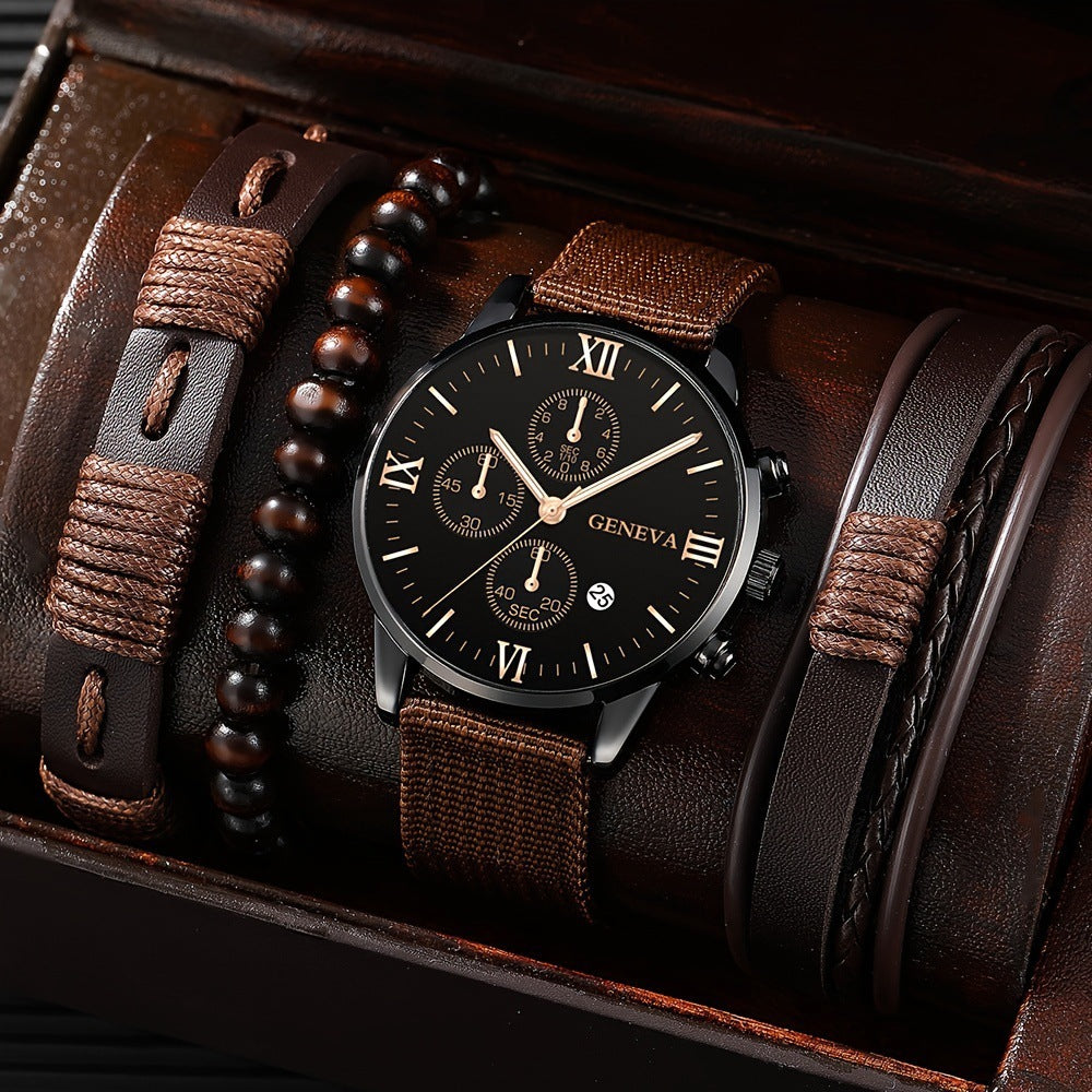 New Foreign Trade Hot-selling Men&#039;s Suit Gift Watch 4pcs Bracelet Four-piece Set Men&#039;s Watch Calendar Watch Quartz Watch