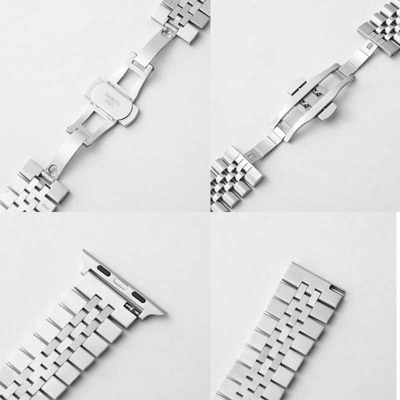 For Huawei GT3 Apple Iwatch8 Five Beads Cow Ring Solid Metal Butterfly Buckle Stainless Steel Watch Band Spot