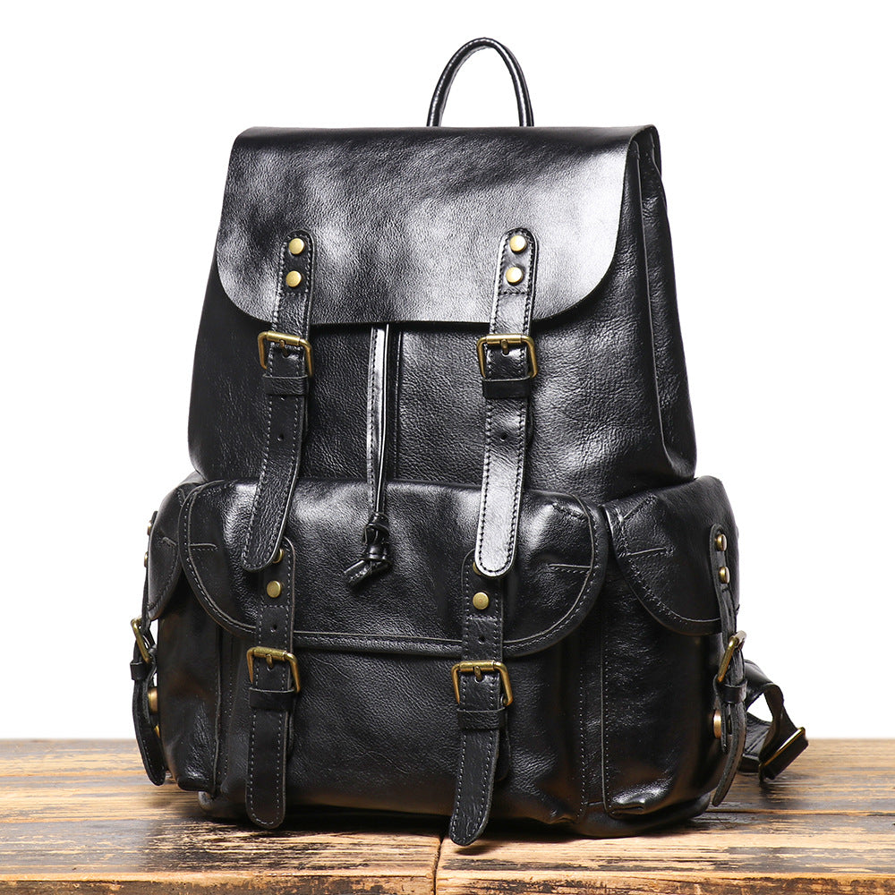 Retro Genuine Leather Men&#039;s Bag Top Layer Cowhide Backpack Large Capacity Computer Backpack Travel Drawstring Backpack