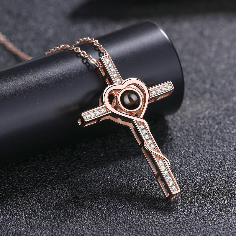 S925 Silver Cross Projection Necklace Female 100 Languages I Love You Love Heart-shaped Color Photo Custom Text