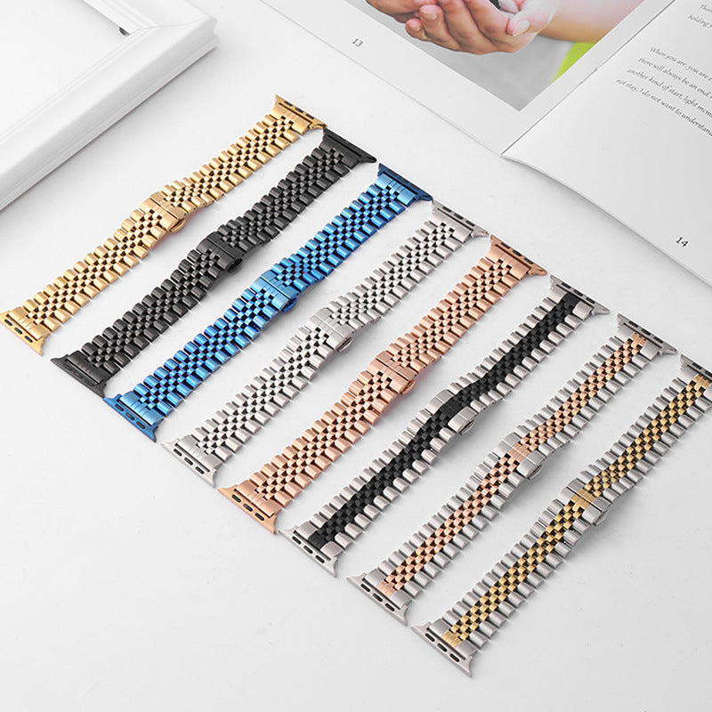 For Huawei GT3 Apple Iwatch8 Five Beads Cow Ring Solid Metal Butterfly Buckle Stainless Steel Watch Band Spot