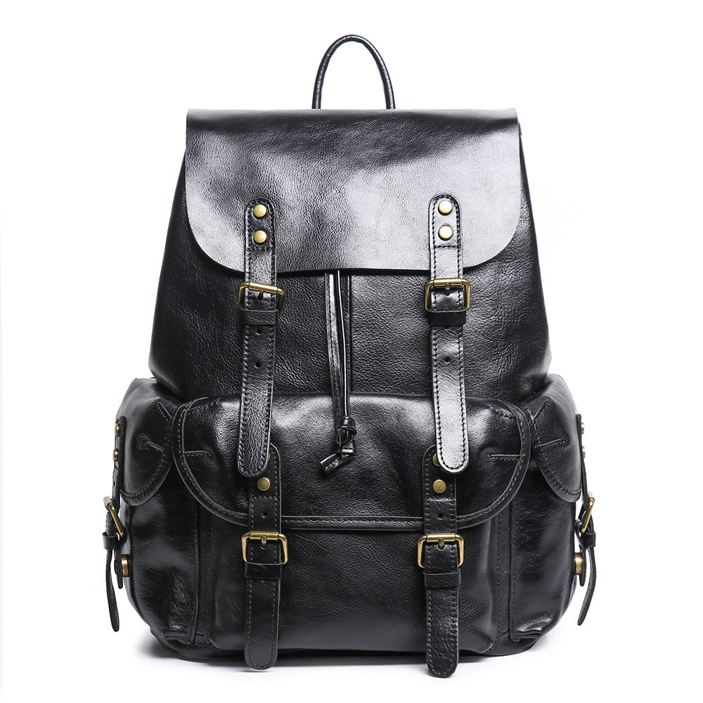 Retro Genuine Leather Men&#039;s Bag Top Layer Cowhide Backpack Large Capacity Computer Backpack Travel Drawstring Backpack