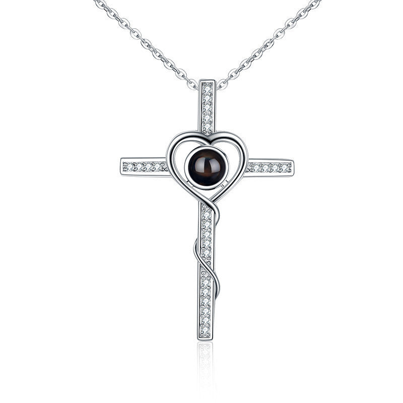 S925 Silver Cross Projection Necklace Female 100 Languages I Love You Love Heart-shaped Color Photo Custom Text