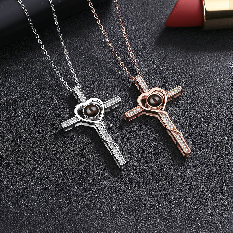 S925 Silver Cross Projection Necklace Female 100 Languages I Love You Love Heart-shaped Color Photo Custom Text