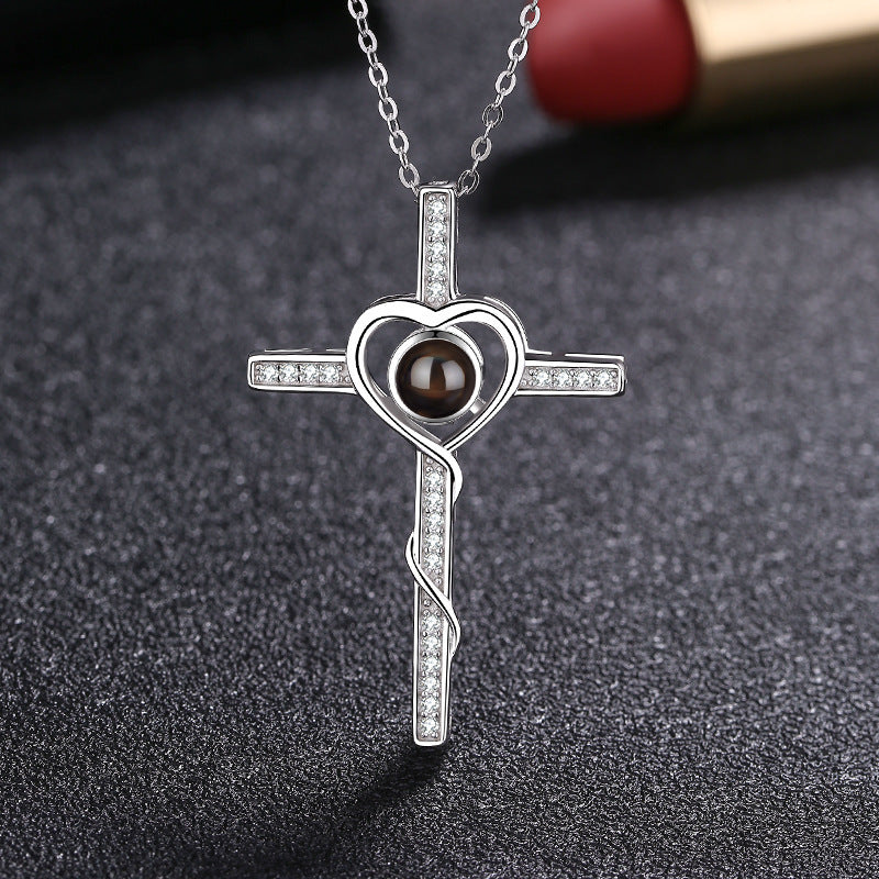 S925 Silver Cross Projection Necklace Female 100 Languages I Love You Love Heart-shaped Color Photo Custom Text