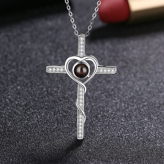 S925 Silver Cross Projection Necklace Female 100 Languages I Love You Love Heart-shaped Color Photo Custom Text
