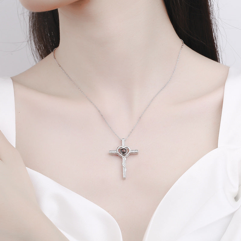S925 Silver Cross Projection Necklace Female 100 Languages I Love You Love Heart-shaped Color Photo Custom Text