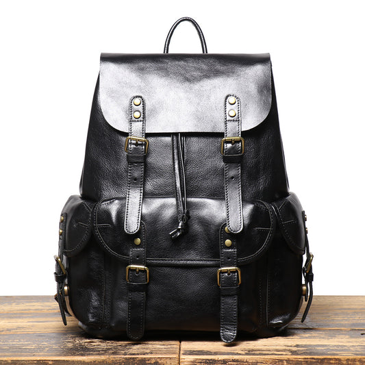 Retro Genuine Leather Men&#039;s Bag Top Layer Cowhide Backpack Large Capacity Computer Backpack Travel Drawstring Backpack
