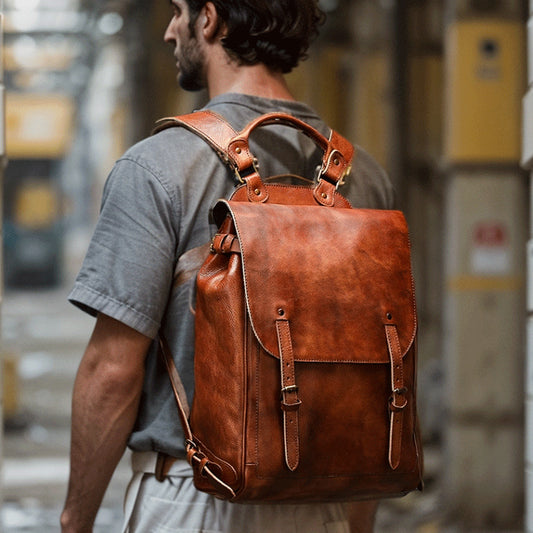 Customized Vegetable Tanned Cowhide Men&#039;s Large Capacity Casual Computer Bag Business Backpack Cross-border Men&#039;s Travel Backpack