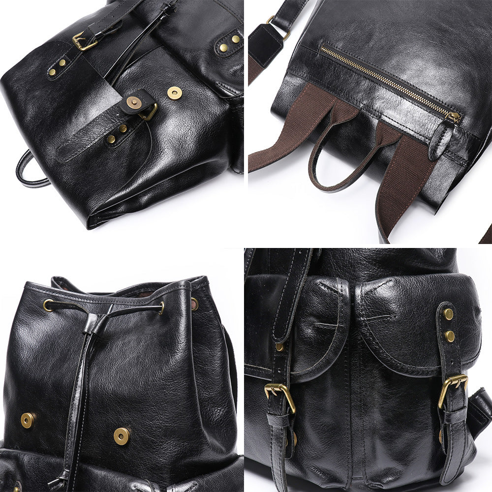 Retro Genuine Leather Men&#039;s Bag Top Layer Cowhide Backpack Large Capacity Computer Backpack Travel Drawstring Backpack