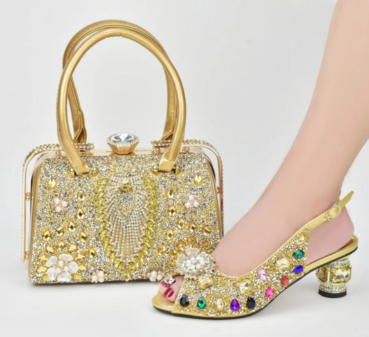 Shoes And Bags Sets Portable Small Bags Evening Bags Colored Diamonds Decorative Casual Chunky Heel Sandals Low Heels